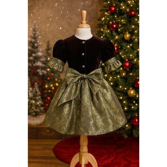 VTG Dimples Girls Holiday Dress 8 - Black Velvet, Gold Brocade Christmas Formal - Picture 1 of 12